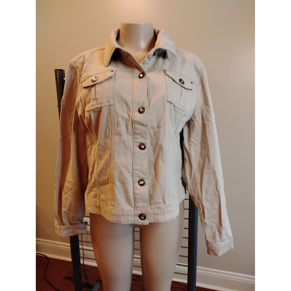 Cato Womens XL Khaki Tan Denim Trucker Jacket Stretch Cotton Button Front Coat
